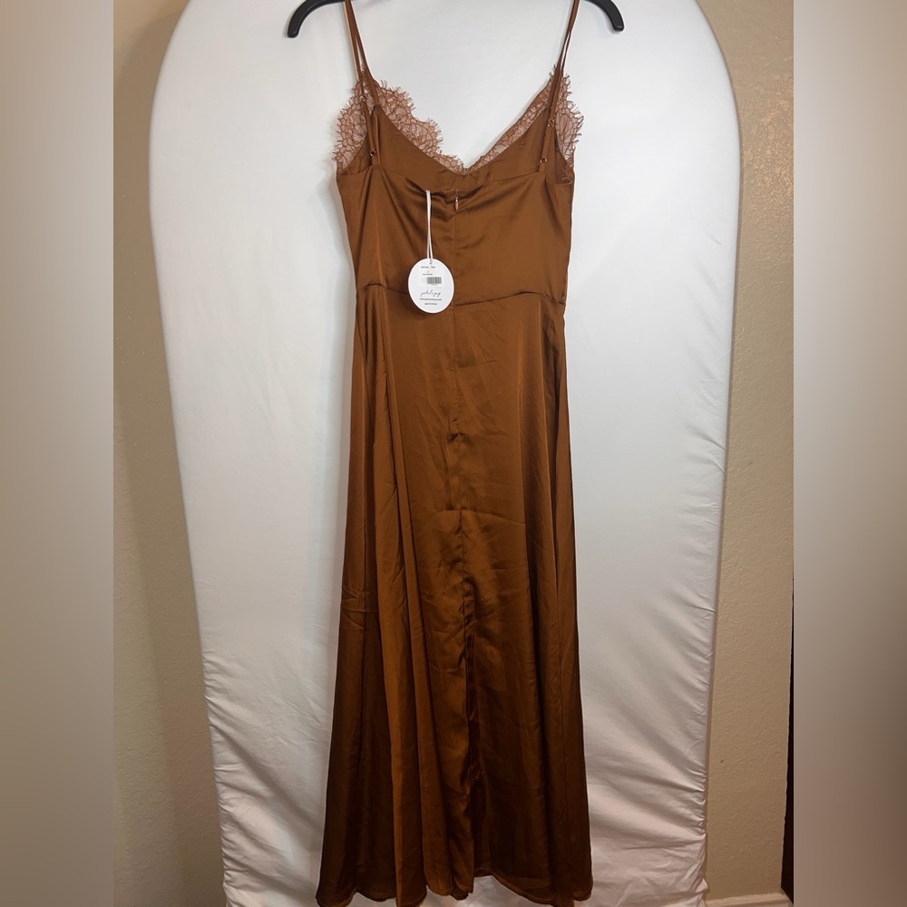 Petal & Pup Elegant Brown Satin Midi Dress - Picture 3 of 5